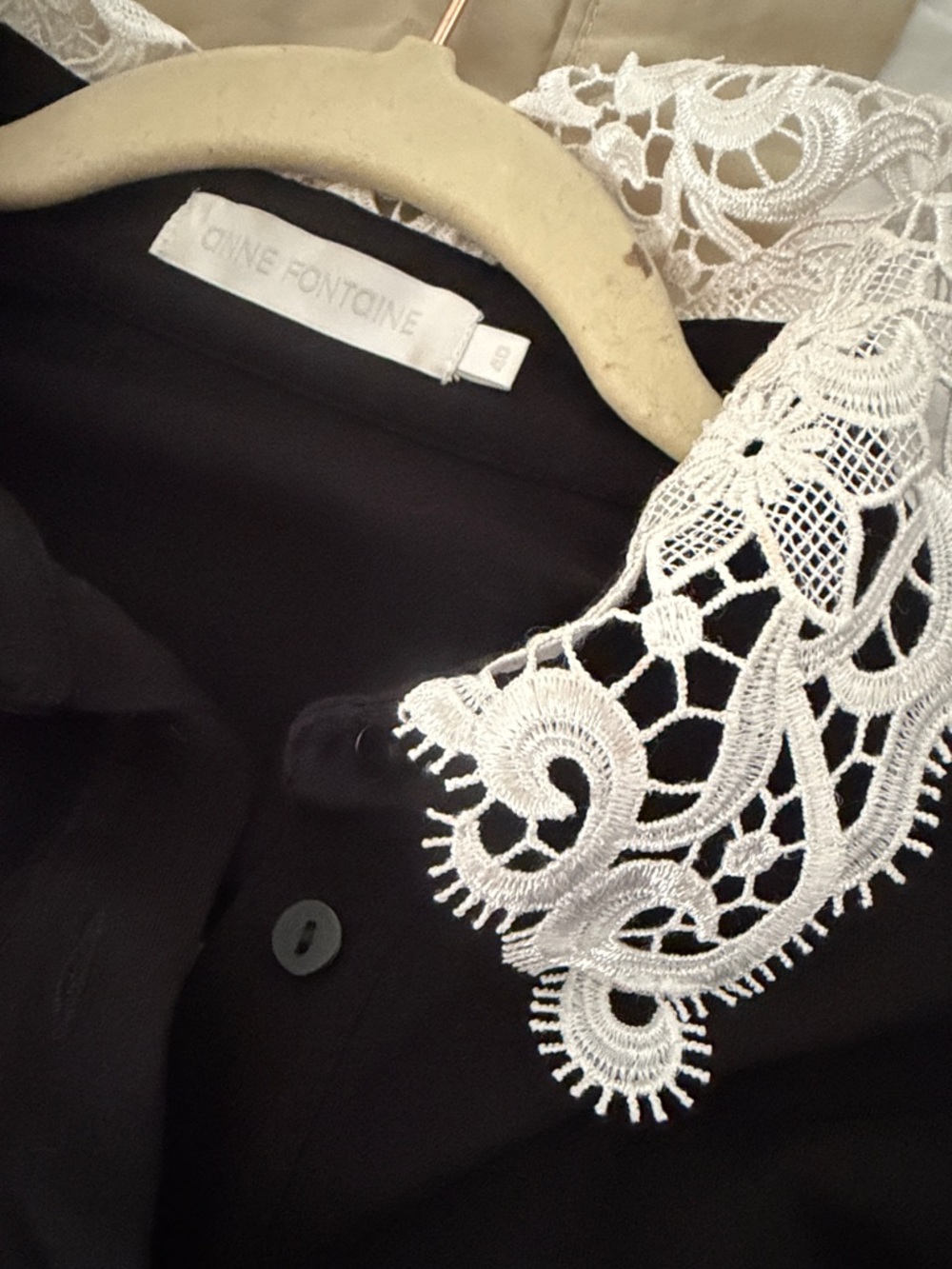 Anne Fontaine Black Button-Up Blouse with White Lace Collar & Bell Sleeves - Picture 3 of 4